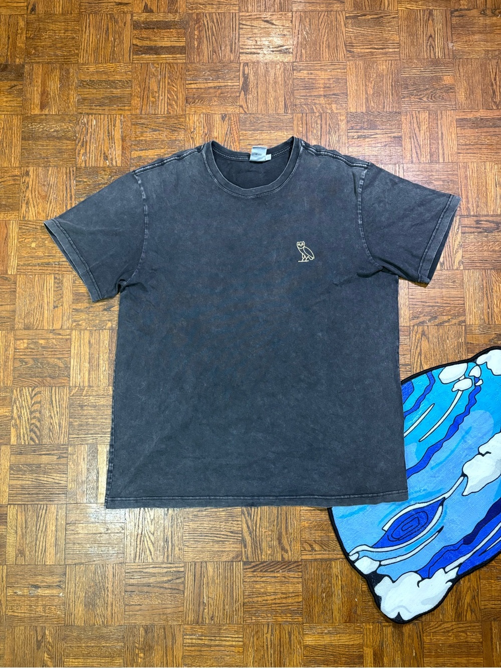 OVO Black Washed Crewneck Tee with Gold Owl Logo